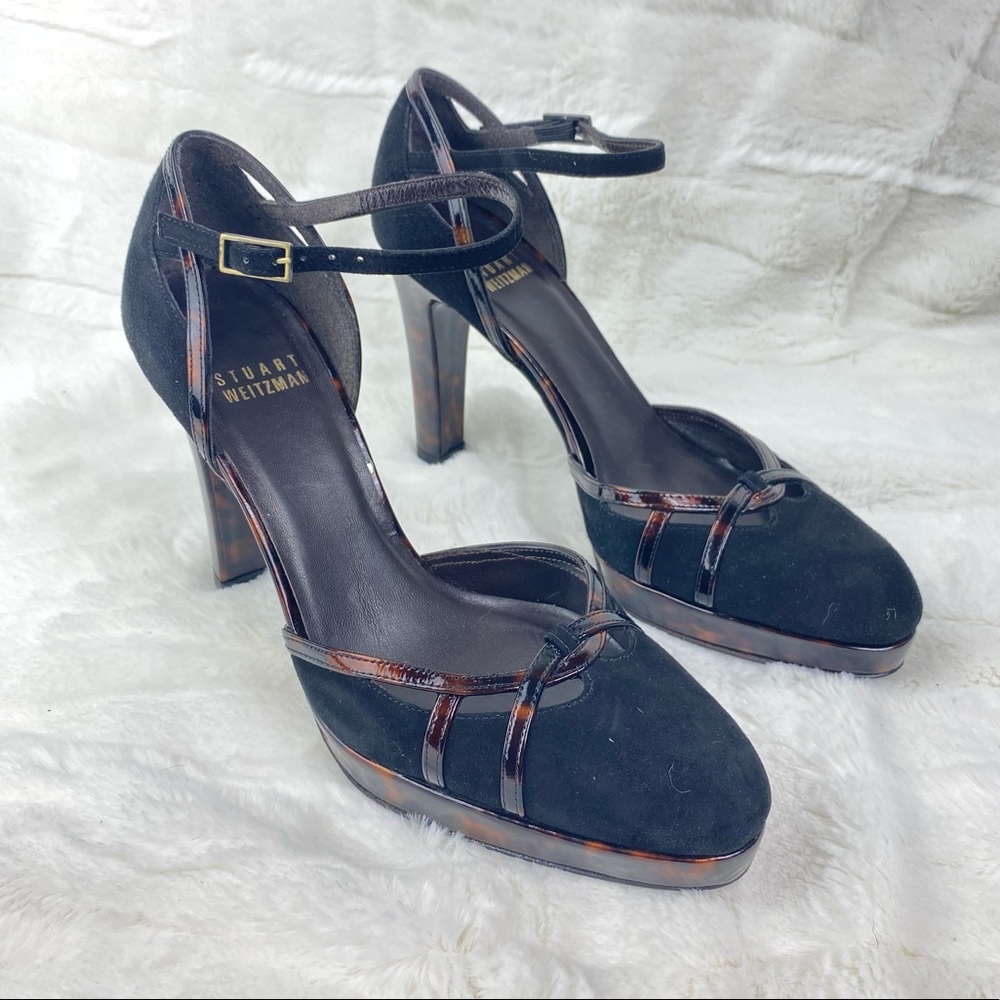 Stuart Weitzman black suede platform tortoise shell heels sz 5.5